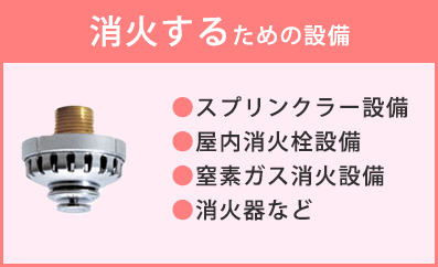 消火するための設備　●スプリンクラー設備 ●屋内消火栓設備 ●窒素ガス消火設備 ●消火器など