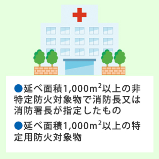 ●延べ面積1,000m2以上の非特定防火対象物で消防長又は消防署長が指定したもの ●延べ面積1,000m2以上の特定用防火対象物